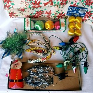 Vintage Christmas decorations. Satin balls.  Gum wrapper garland.